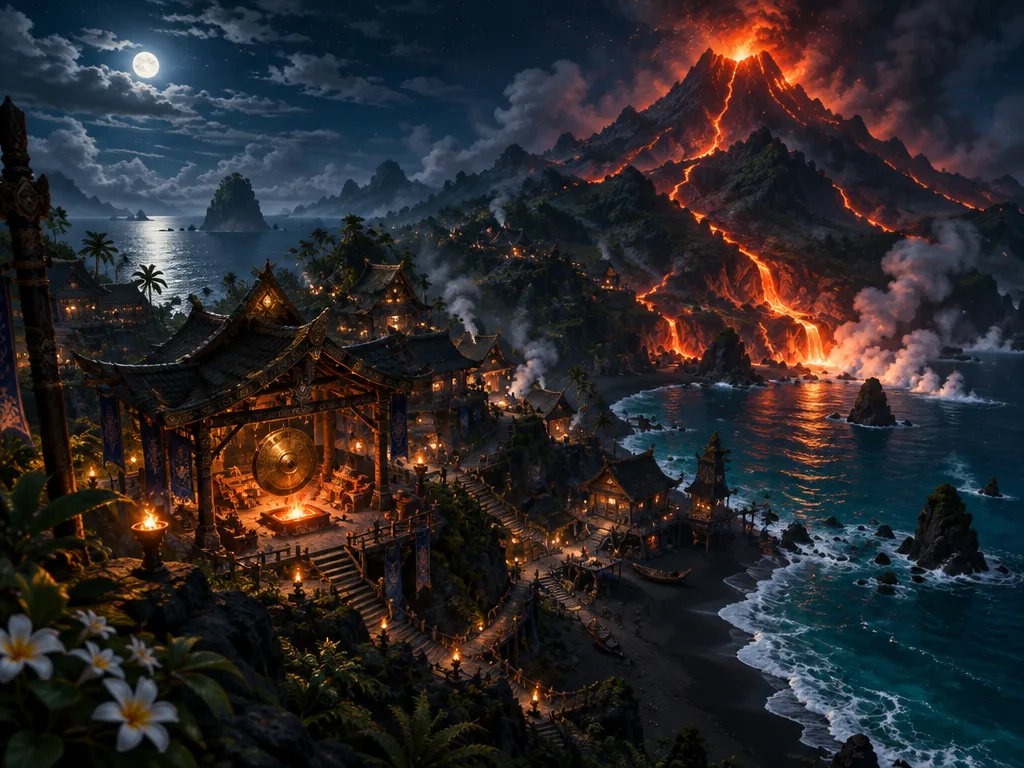 Emberreach saat malam: desa pandai besi beratap kayu berukir di lereng gunung api, sungai lava mengalir ke laut.