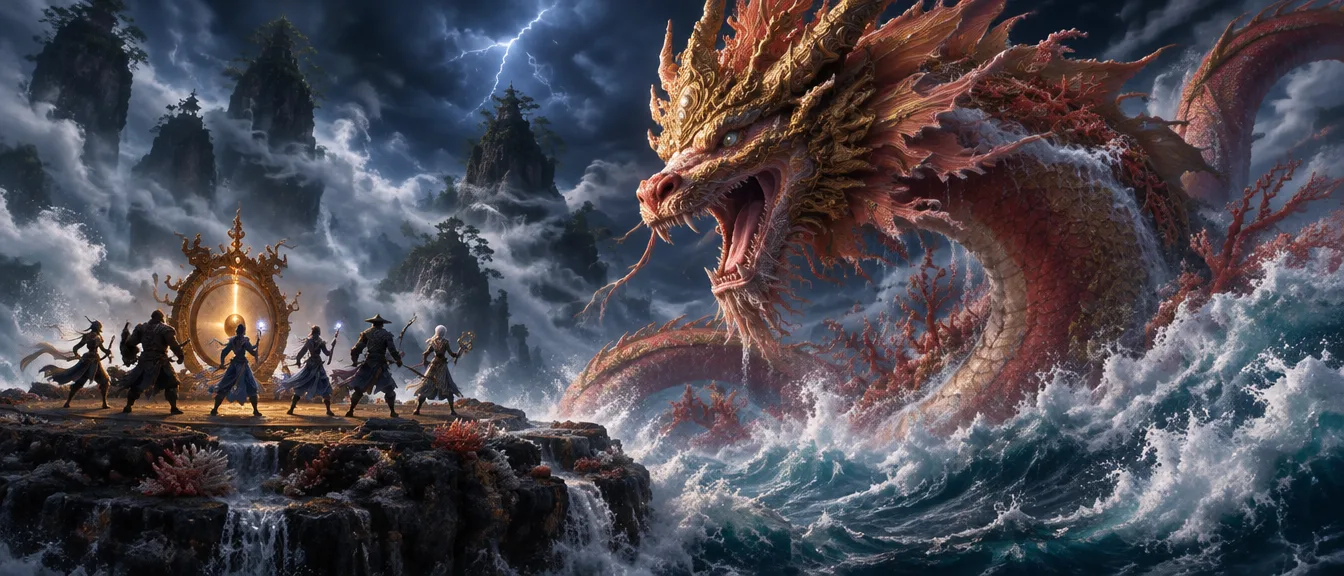 Enam pahlawan berdiri di panggung karang dengan gong bercahaya, menghadap The Coral Naga yang bangkit dari ombak badai.